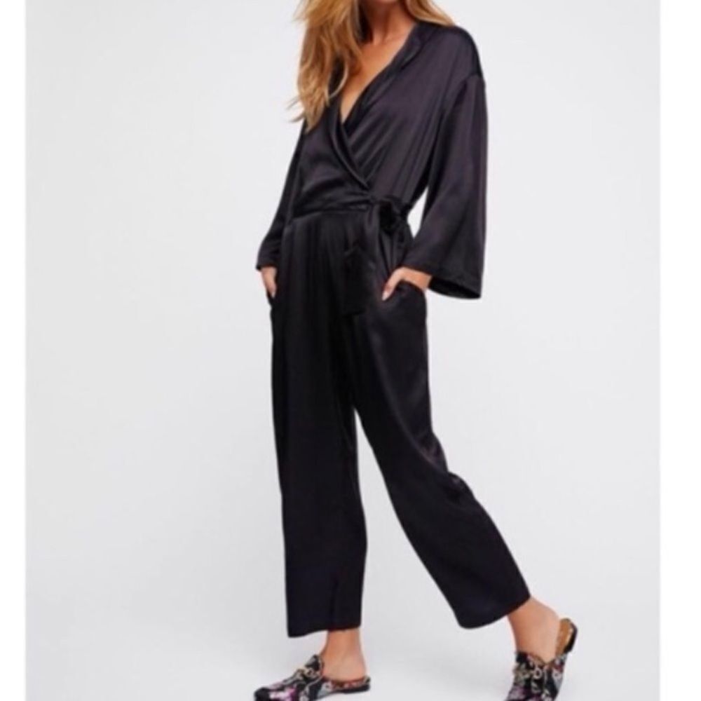 FREE PEOPLE BLACK SATIN JUMPSUIT - Picture 2 of 15